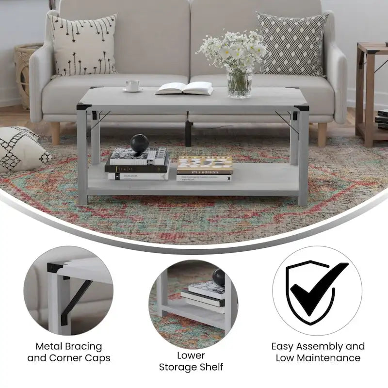 Table basse à 2 niveaux avec entretoises latérales et coins renforcés en métal