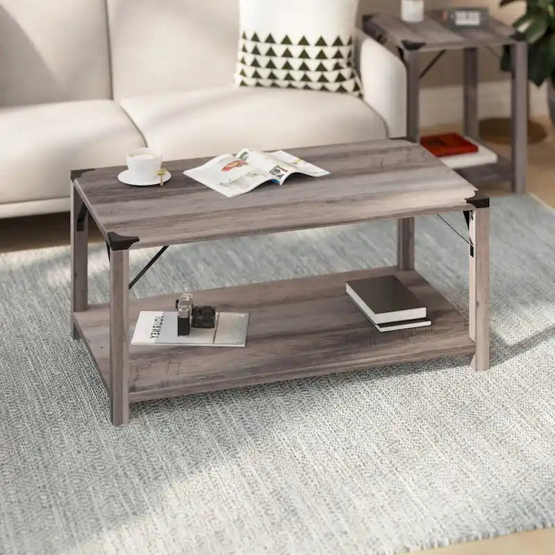 Table basse à 2 niveaux avec entretoises latérales et coins renforcés en métal