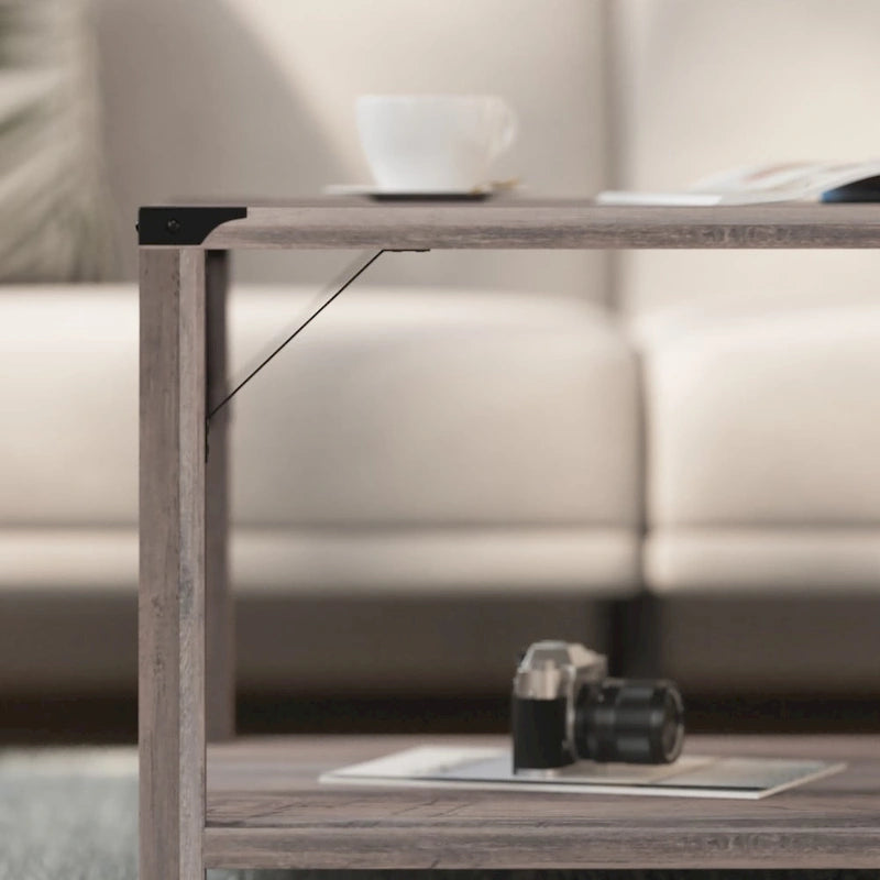 Table basse à 2 niveaux avec entretoises latérales et coins renforcés en métal