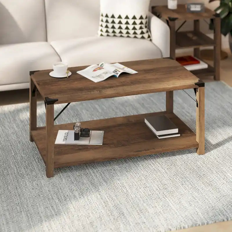 Table basse à 2 niveaux avec entretoises latérales et coins renforcés en métal