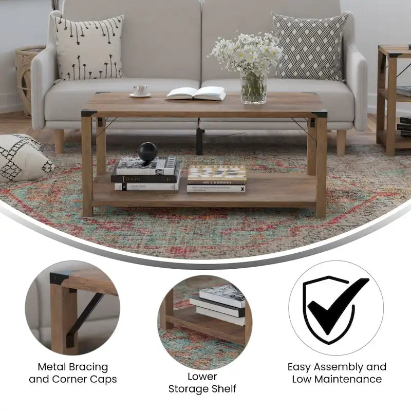 Table basse à 2 niveaux avec entretoises latérales et coins renforcés en métal
