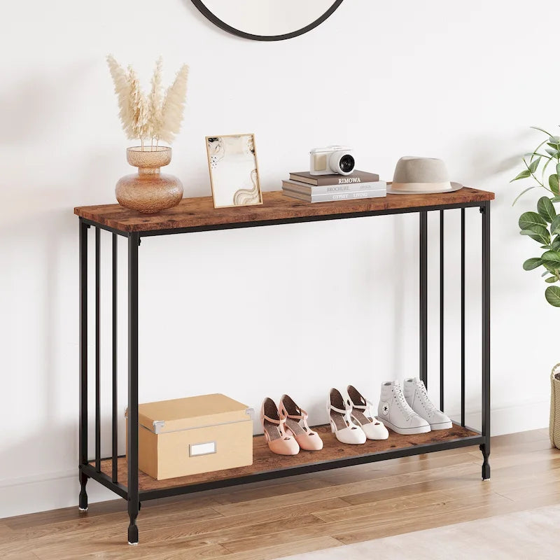 Table console rétro à 2 niveaux avec étagère de rangement en MDF - 41.3