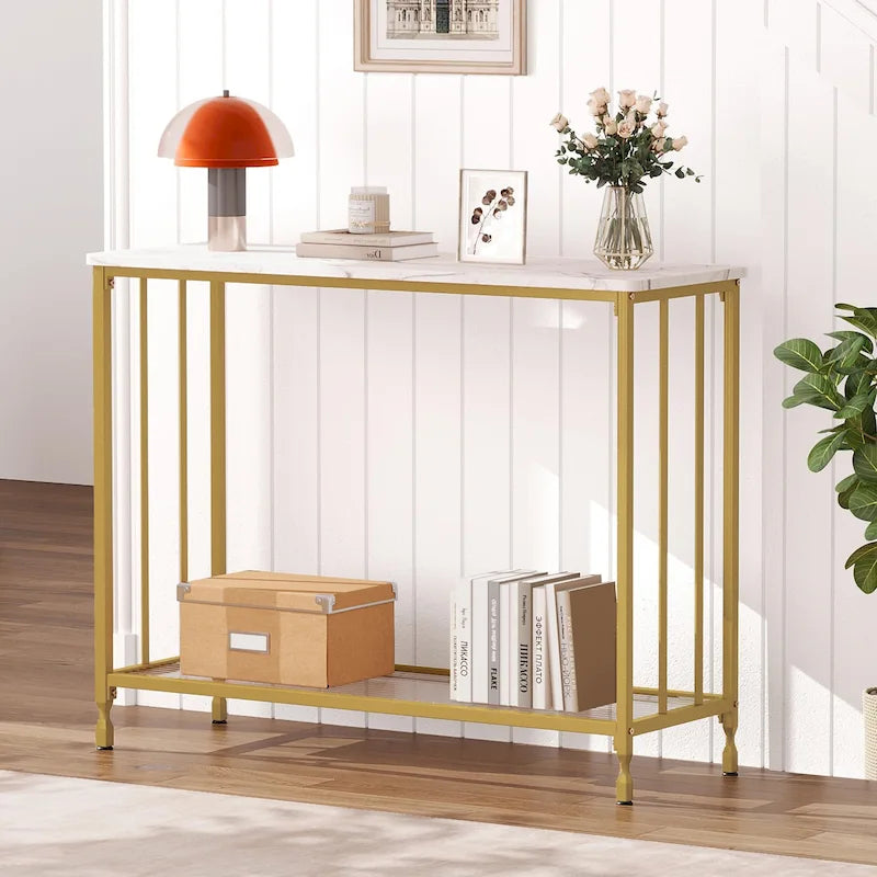 Table console rétro à 2 niveaux avec étagère de rangement en MDF - 41.3
