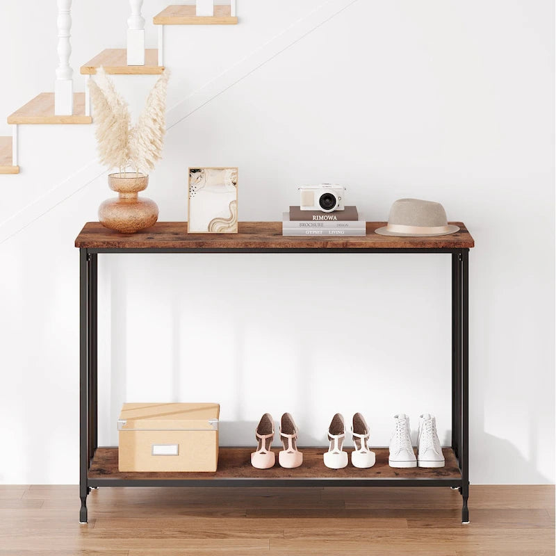 Table console rétro à 2 niveaux avec étagère de rangement en MDF - 41.3