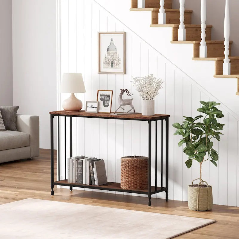 Table console rétro à 2 niveaux avec étagère de rangement en MDF - 41.3