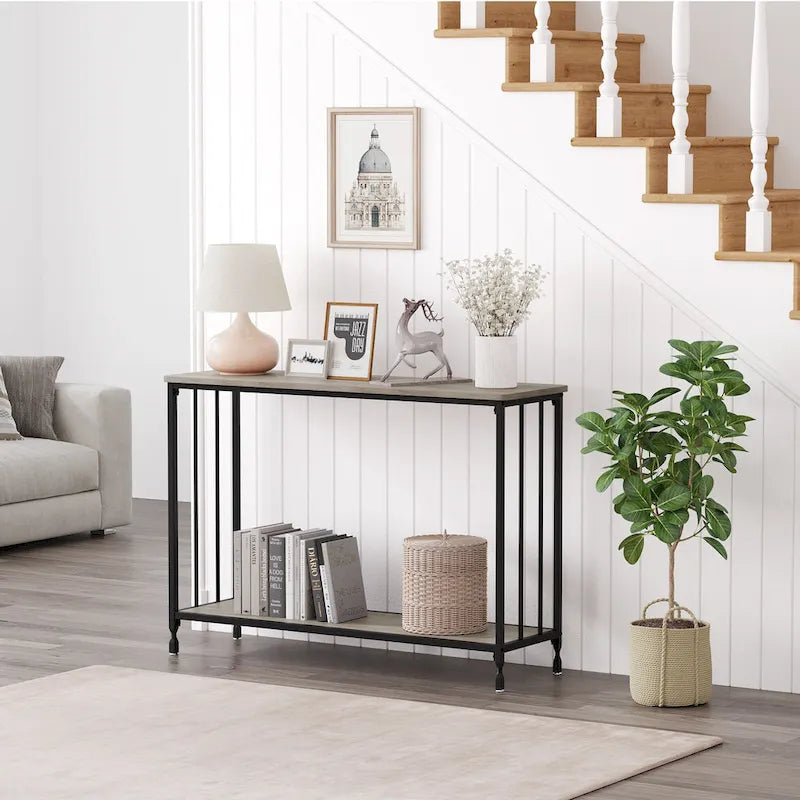 Table console rétro à 2 niveaux avec étagère de rangement en MDF - 41.3