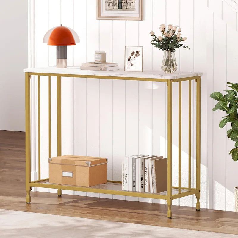 Table console rétro à 2 niveaux avec étagère de rangement en MDF - 41.3