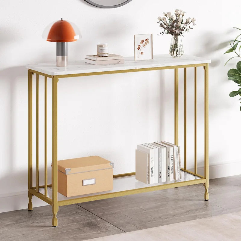 Table console rétro à 2 niveaux avec étagère de rangement en MDF - 41.3