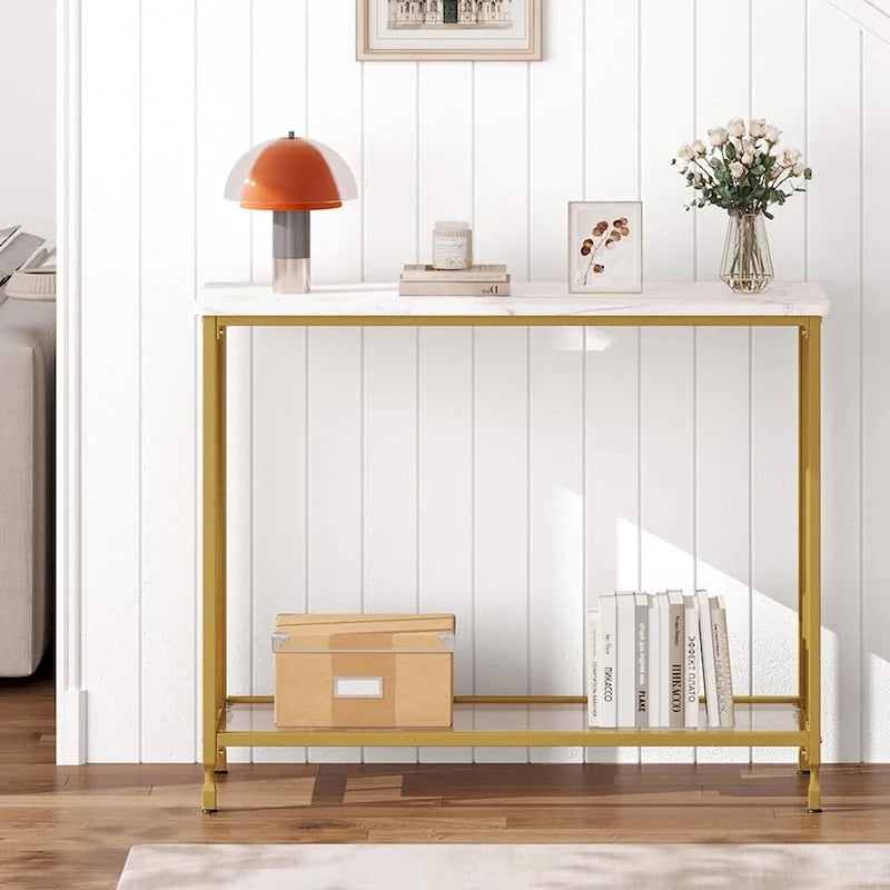 Table console rétro à 2 niveaux avec étagère de rangement en MDF - 41.3