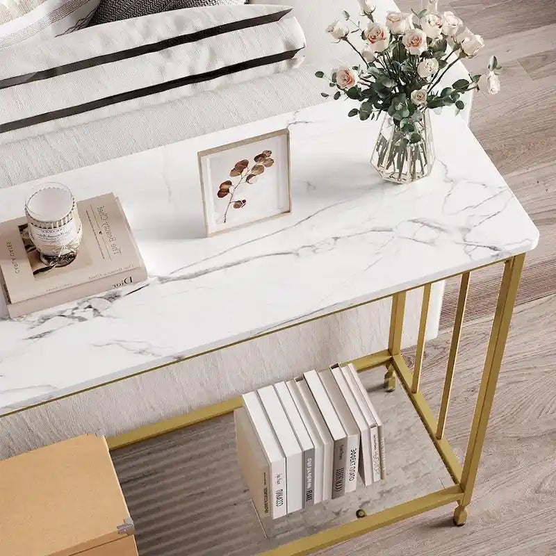 Table console rétro à 2 niveaux avec étagère de rangement en MDF - 41.3