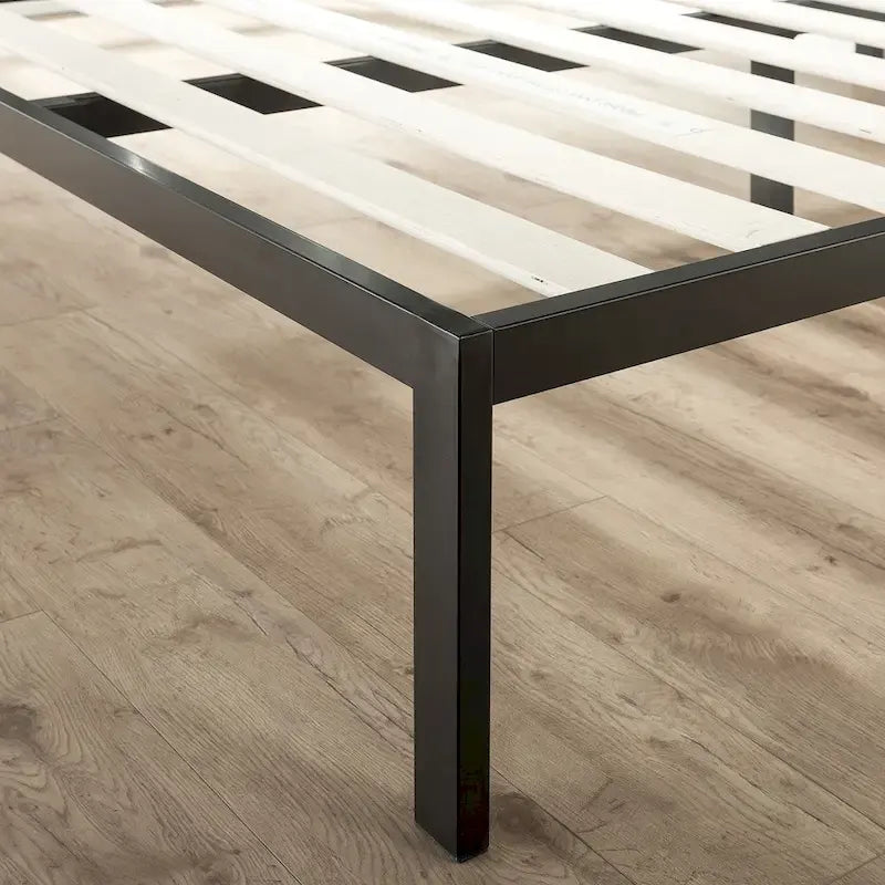 Cadre de lit plateforme en acier noir avec tête de lit en tissu gris