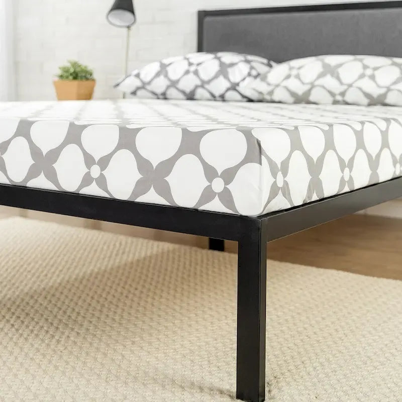 Cadre de lit plateforme en acier noir avec tête de lit en tissu gris