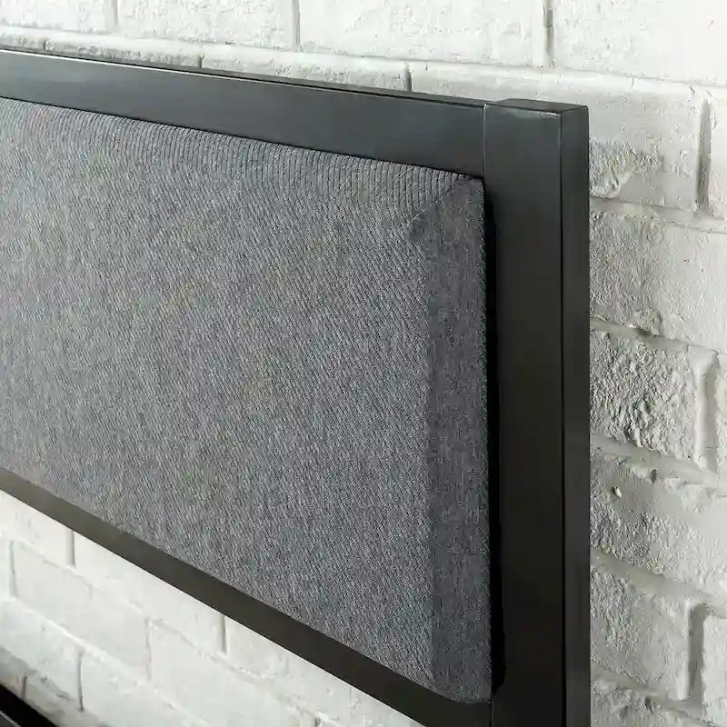 Cadre de lit plateforme en acier noir avec tête de lit en tissu gris