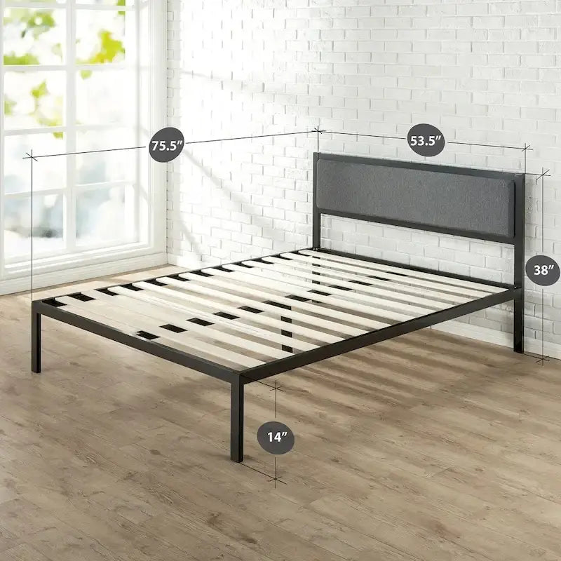 Cadre de lit plateforme en acier noir avec tête de lit en tissu gris