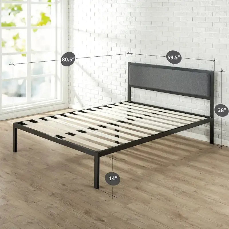 Cadre de lit plateforme en acier noir avec tête de lit en tissu gris