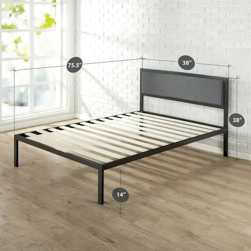 Cadre de lit plateforme en acier noir avec tête de lit en tissu gris