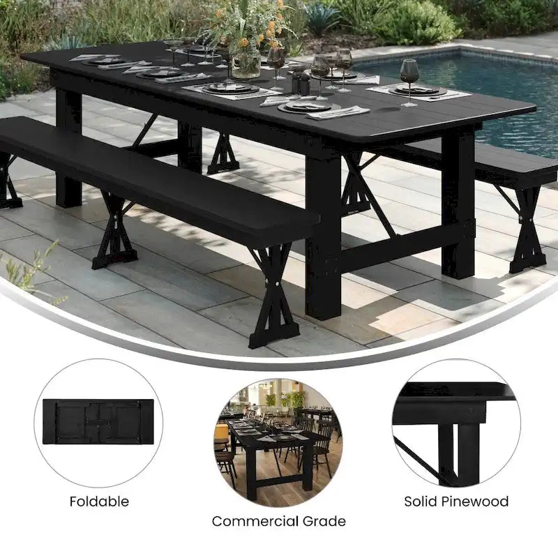 Table de ferme pliante rectangulaire rustique ancienne en pin massif