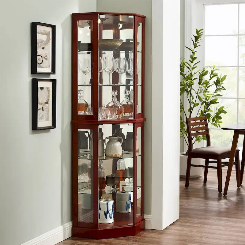 Vitrine d'angle à 6 étagères avec lumières