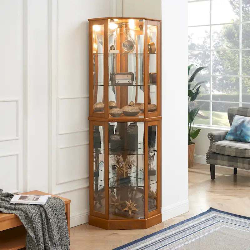 Vitrine d'angle à 6 étagères avec lumières