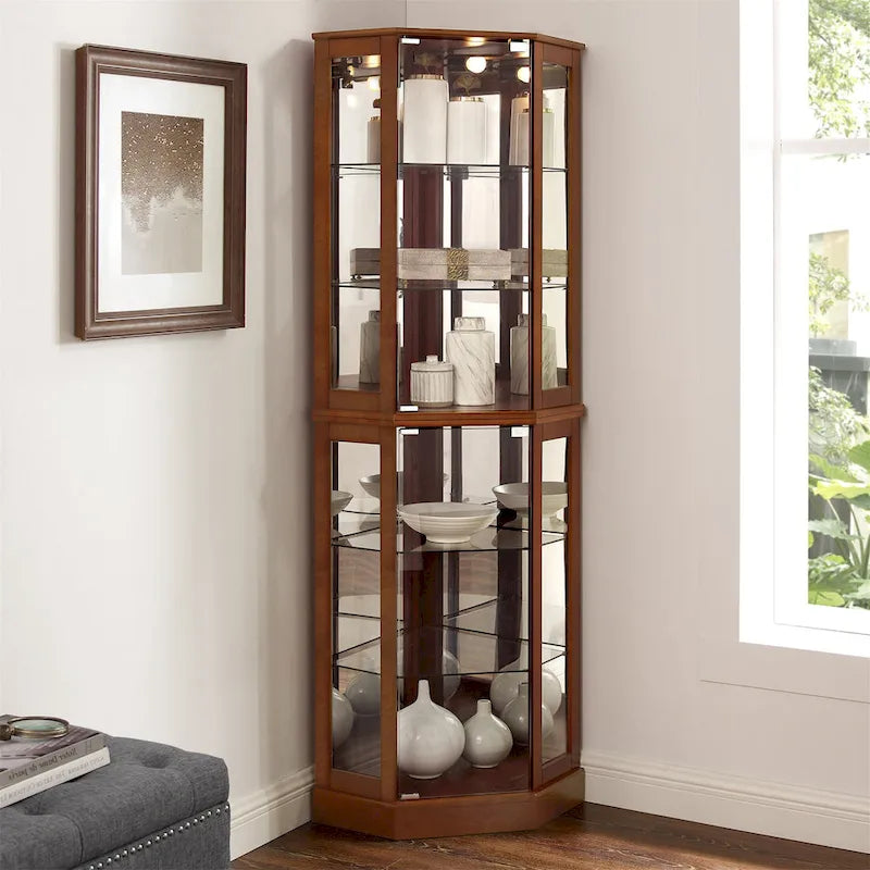 Vitrine d'angle à 6 étagères avec lumières