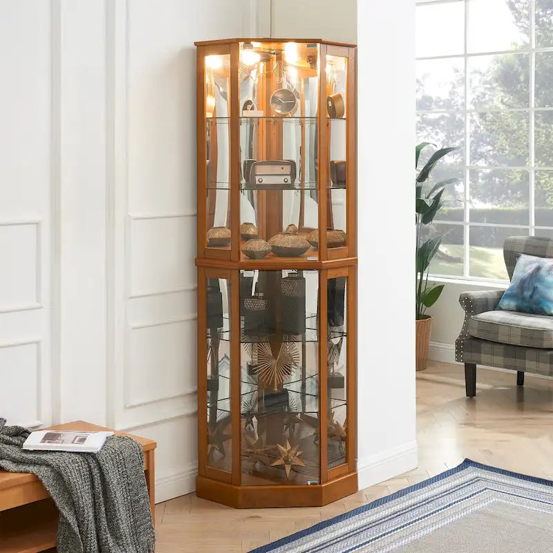 Vitrine d'angle à 6 étagères avec lumières