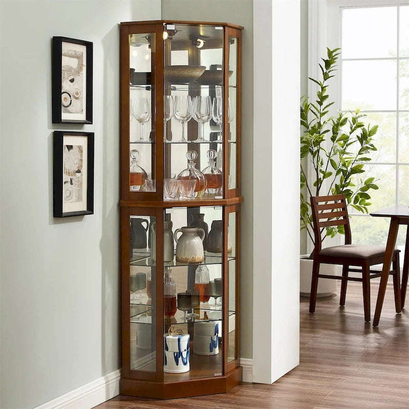 Vitrine d'angle à 6 étagères avec lumières