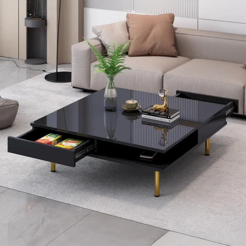 Table basse exquise laquée brillante avec 4 pieds dorés et 2 petits tiroirs