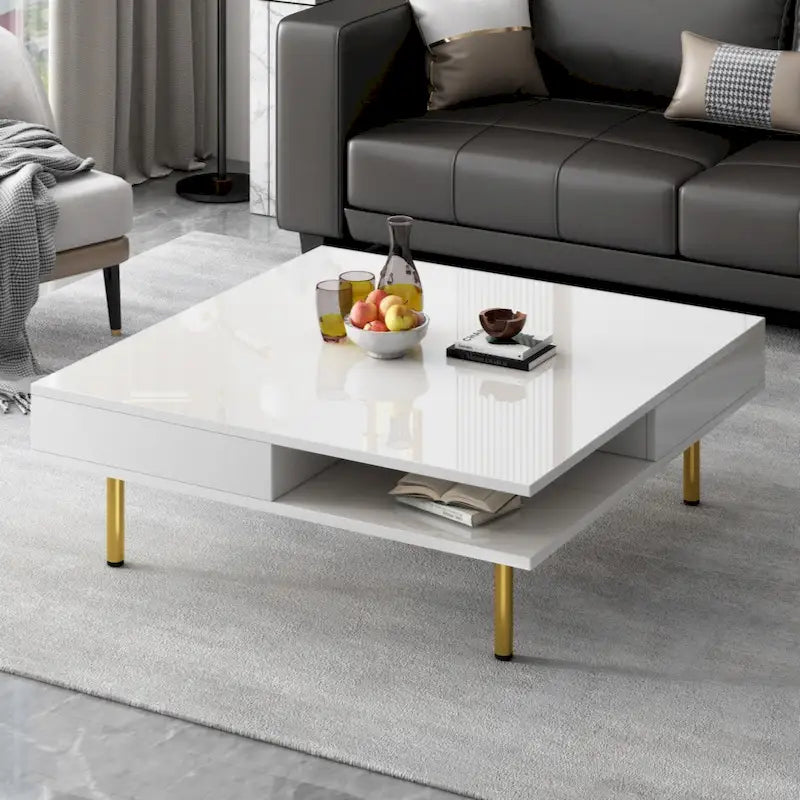 Table basse exquise laquée brillante avec 4 pieds dorés et 2 petits tiroirs