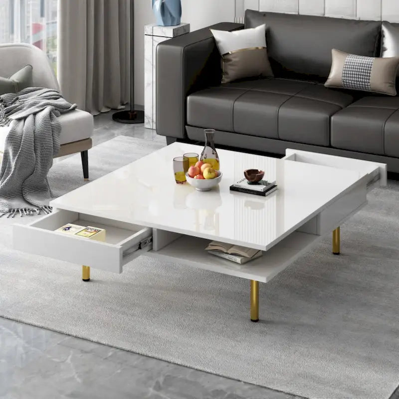 Table basse exquise laquée brillante avec 4 pieds dorés et 2 petits tiroirs