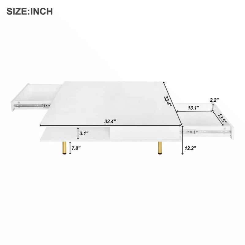 Table basse exquise laquée brillante avec 4 pieds dorés et 2 petits tiroirs