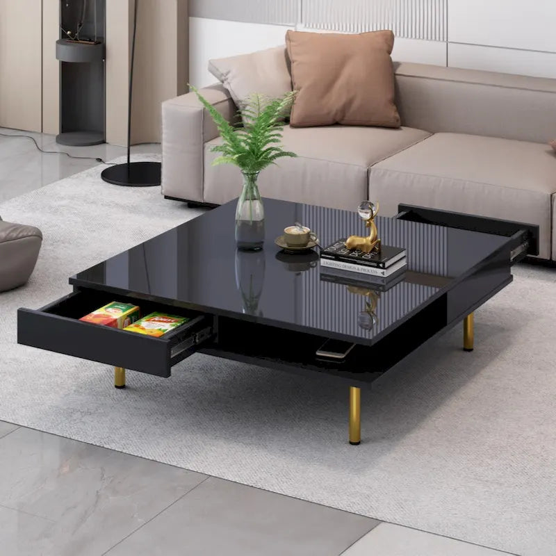 Table basse exquise laquée brillante avec 4 pieds dorés et 2 petits tiroirs