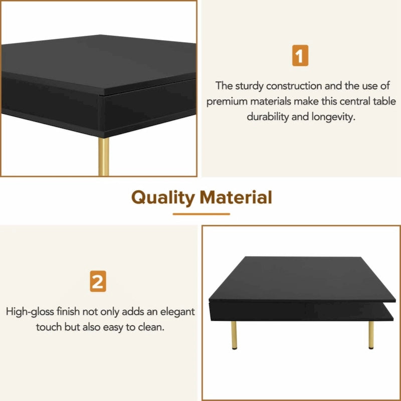 Table basse exquise laquée brillante avec 4 pieds dorés et 2 petits tiroirs