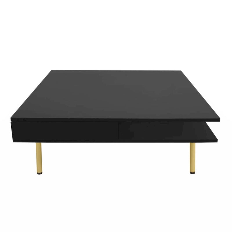 Table basse exquise laquée brillante avec 4 pieds dorés et 2 petits tiroirs