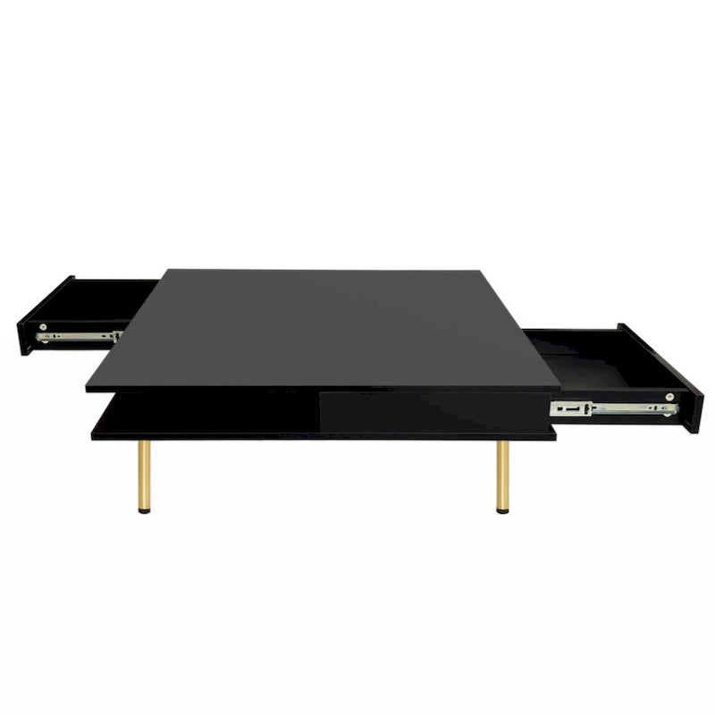 Table basse exquise laquée brillante avec 4 pieds dorés et 2 petits tiroirs