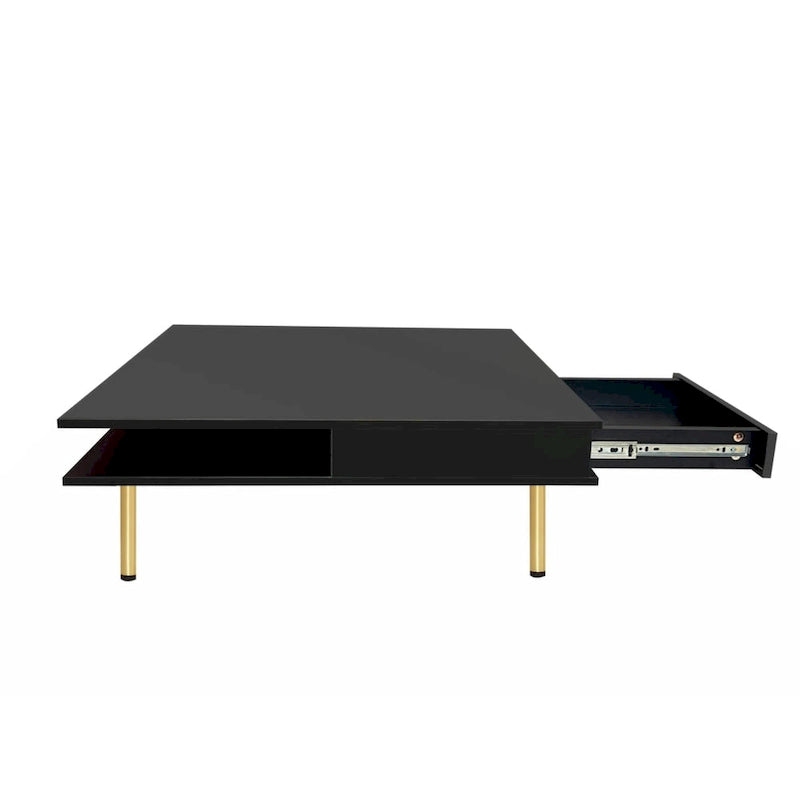 Table basse exquise laquée brillante avec 4 pieds dorés et 2 petits tiroirs