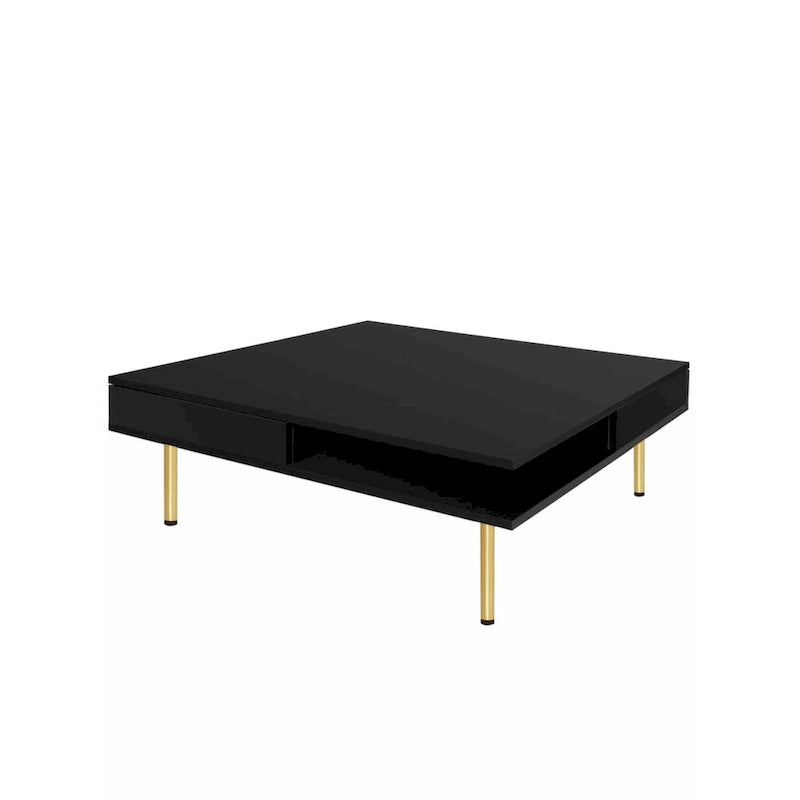 Table basse exquise laquée brillante avec 4 pieds dorés et 2 petits tiroirs