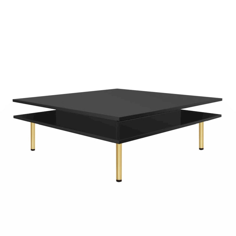 Table basse exquise laquée brillante avec 4 pieds dorés et 2 petits tiroirs
