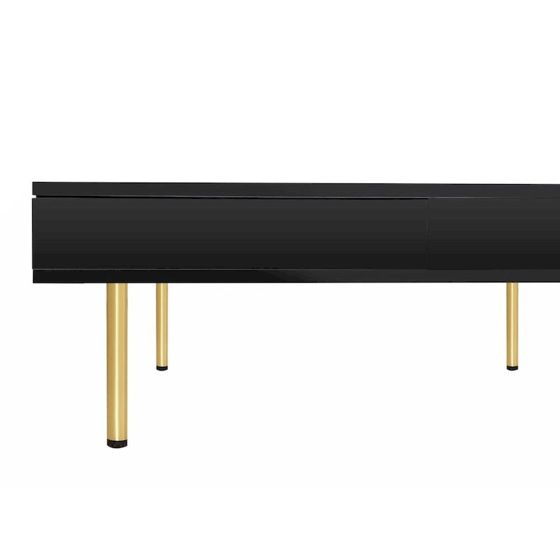 Table basse exquise laquée brillante avec 4 pieds dorés et 2 petits tiroirs