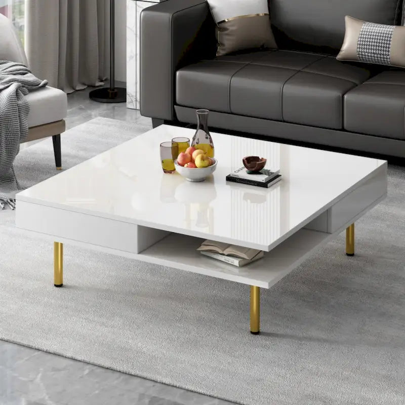 Table basse exquise laquée brillante avec 4 pieds dorés et 2 petits tiroirs