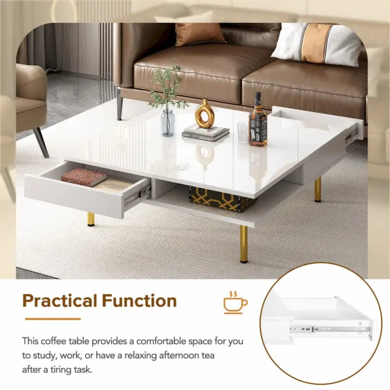 Table basse exquise laquée brillante avec 4 pieds dorés et 2 petits tiroirs