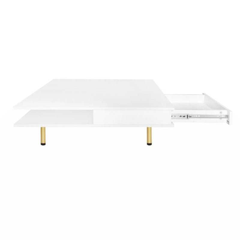Table basse exquise laquée brillante avec 4 pieds dorés et 2 petits tiroirs