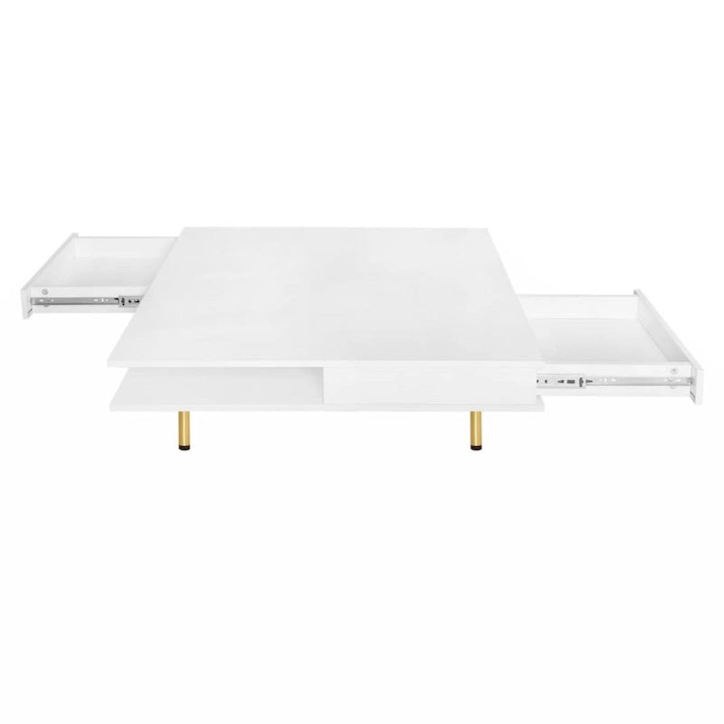 Table basse exquise laquée brillante avec 4 pieds dorés et 2 petits tiroirs