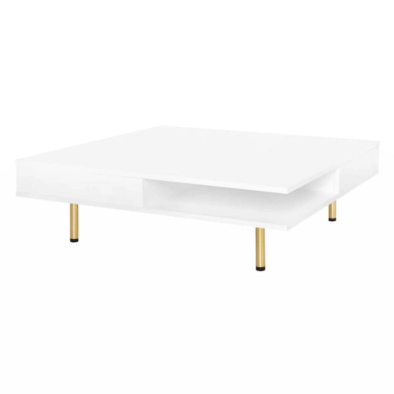 Table basse exquise laquée brillante avec 4 pieds dorés et 2 petits tiroirs