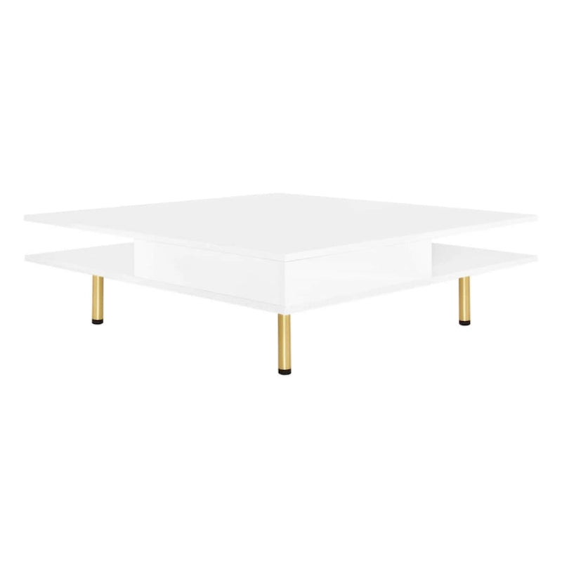 Table basse exquise laquée brillante avec 4 pieds dorés et 2 petits tiroirs