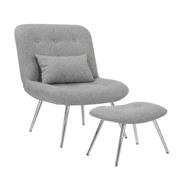 Ensemble fauteuil et ottoman modernes, en tissu gris tissé, chromé