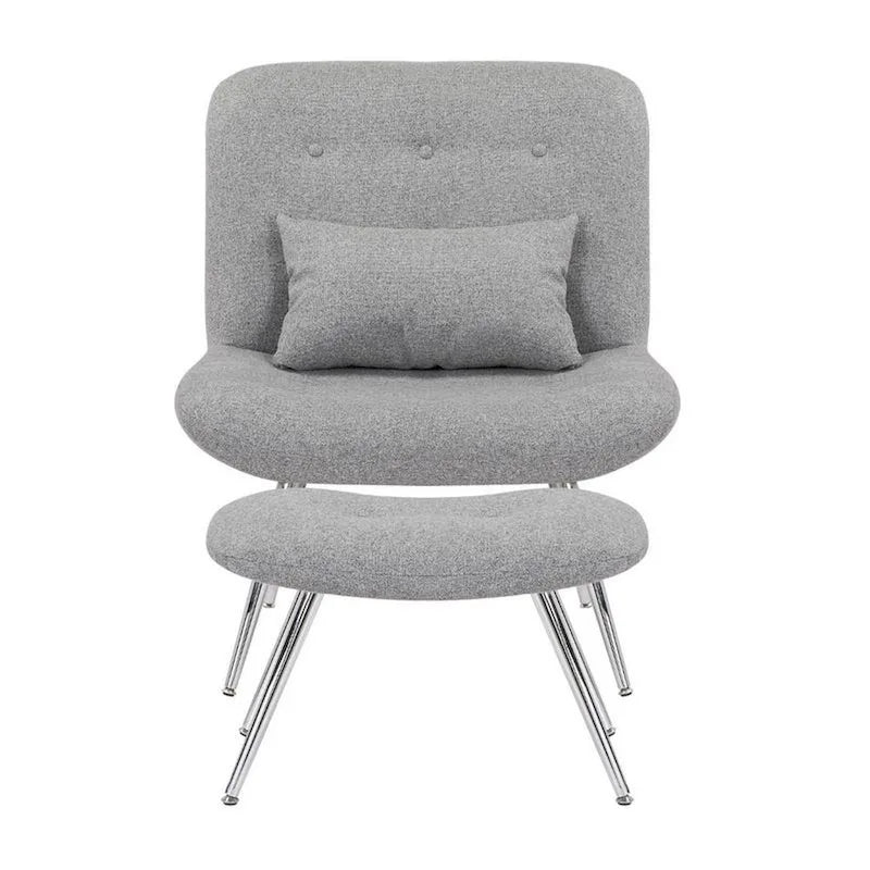 Ensemble fauteuil et ottoman modernes, en tissu gris tissé, chromé