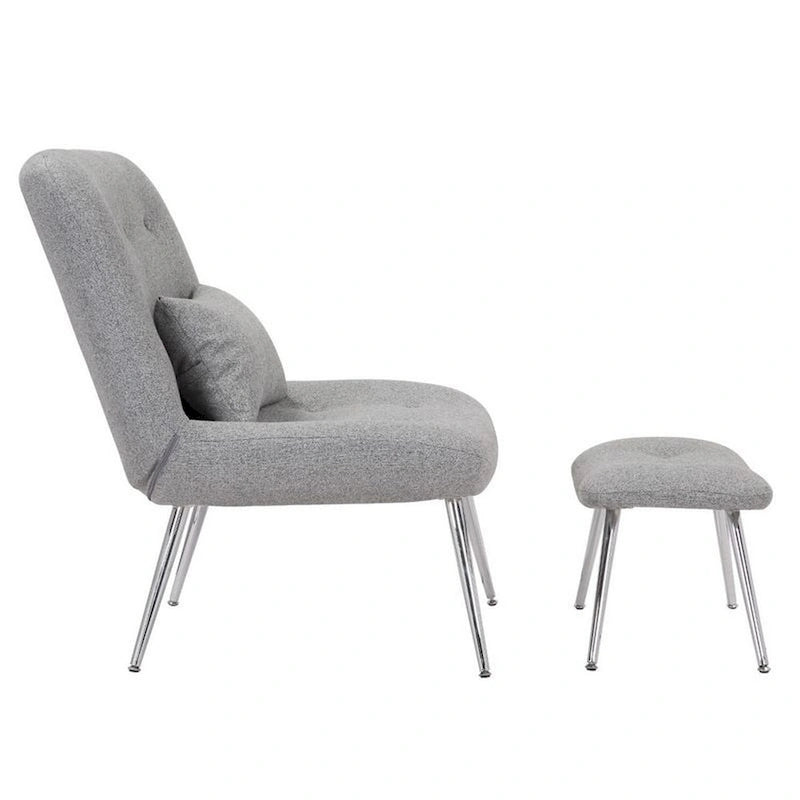 Ensemble fauteuil et ottoman modernes, en tissu gris tissé, chromé