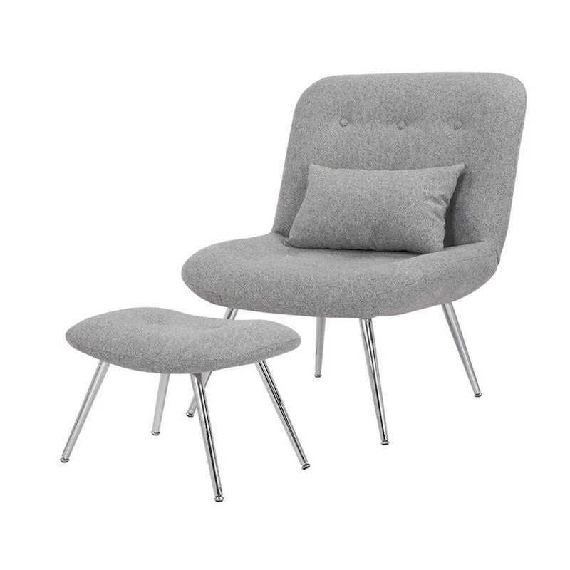 Ensemble fauteuil et ottoman modernes, en tissu gris tissé, chromé