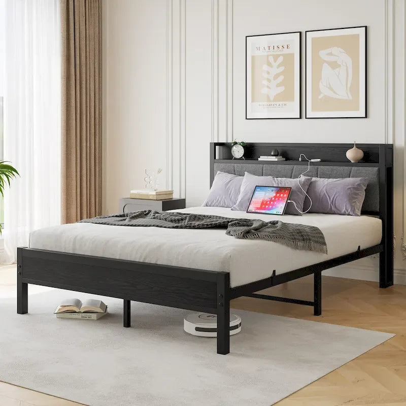 Cadre de lit plateforme Queen Size avec tête de lit de rangement et station de recharge