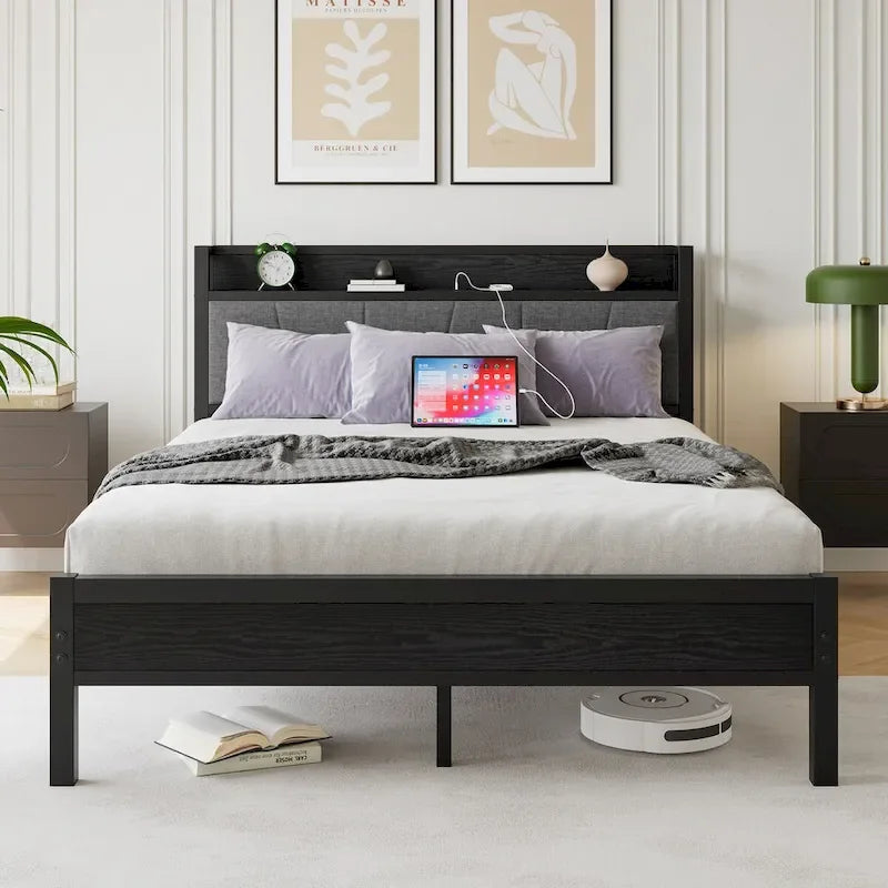 Cadre de lit plateforme Queen Size avec tête de lit de rangement et station de recharge
